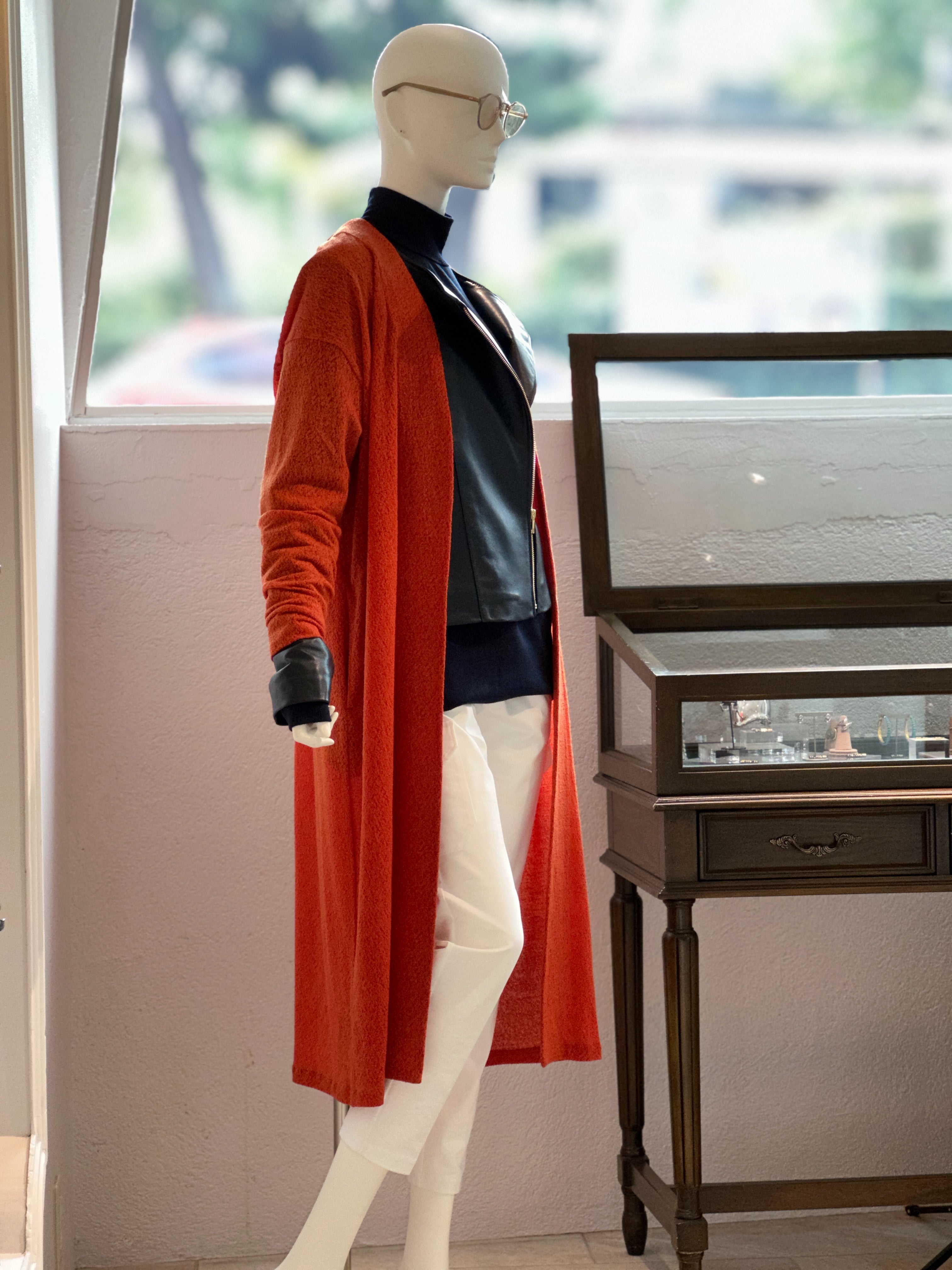 【コーデセット】ニットカットストール×ニットカットロングカーディガン×レザーライダーズジャケット×ニットカットリヴハイネック×カーゴクロップドパンツ