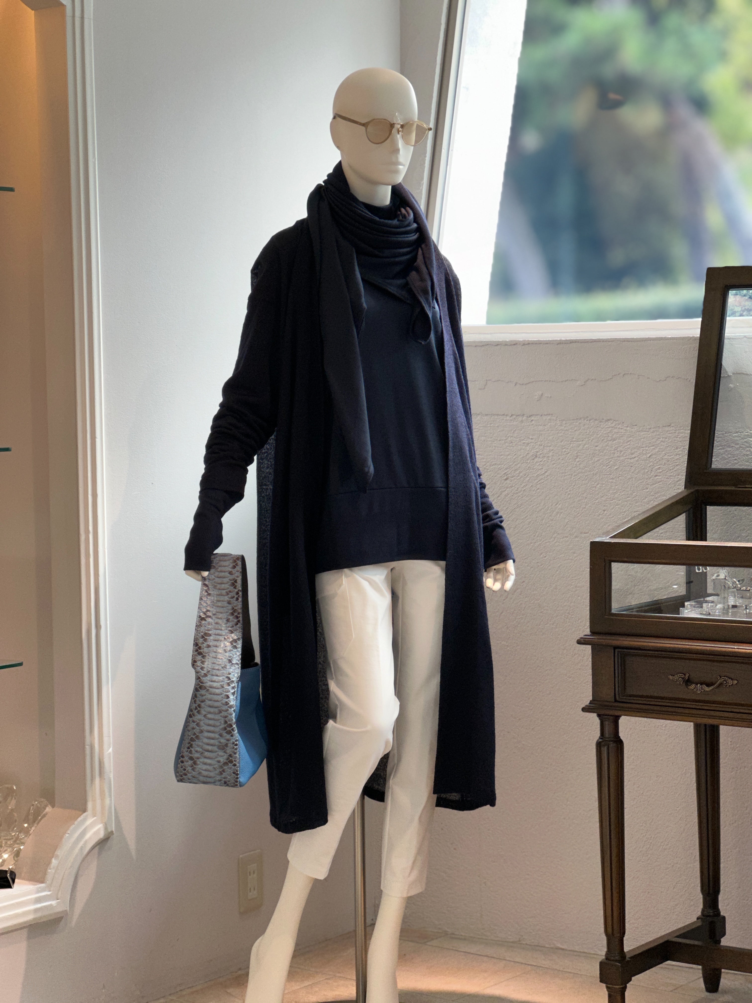 【コーデセット】ニットカットストール×ニットカットリヴハイネック×ニットカットロングカーディガン×カーゴクロップドパンツ