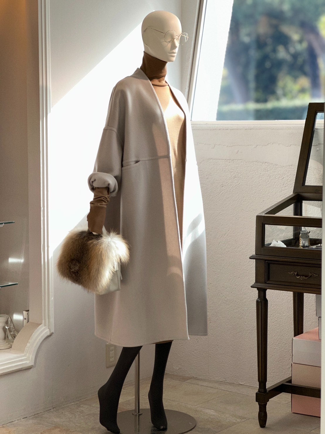 ノーカラーウールカシミヤコート(アイボリー)