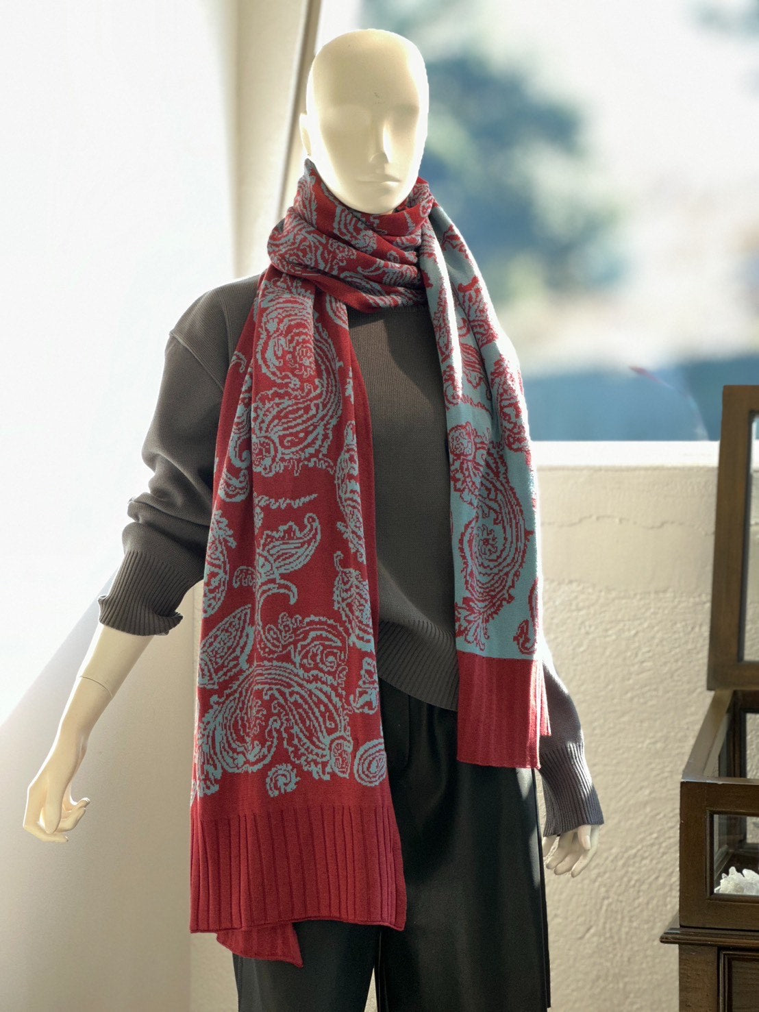 ペイズリーロングストール(ボルドー×ミント)