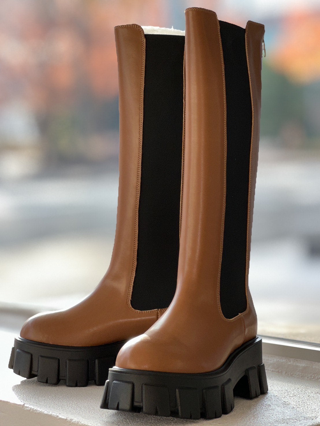 ロングサイドゴアレザーブーツ(キャメル)