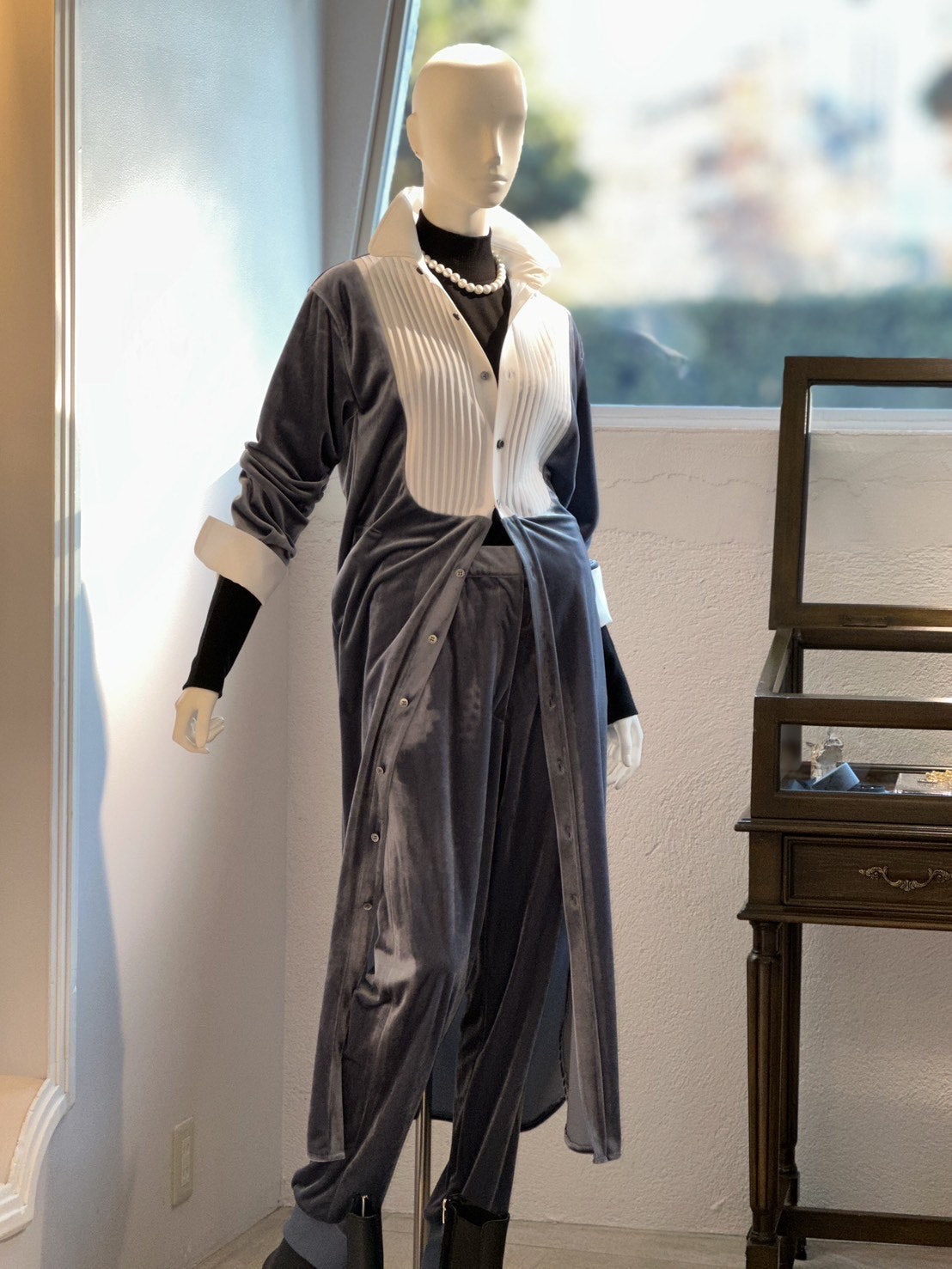 タキシードシャツワンピース(ブルーグレー)