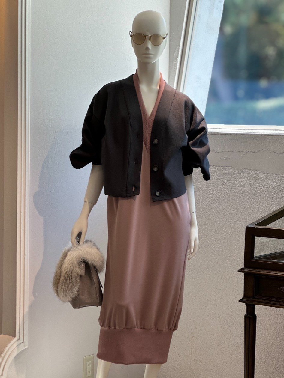 【コーデセット】リヴゴムVワンピース×ショートカーディガン