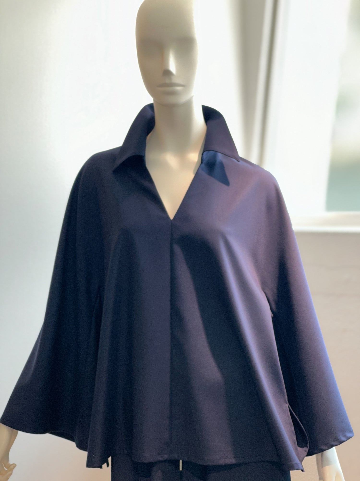 【コーデセット】スキッパーシャツ×ポリレーヨンワイドパンツ(ネイビー)