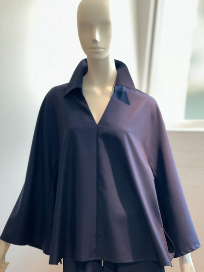 【コーデセット】スキッパーシャツ×ポリレーヨンワイドパンツ(ネイビー)