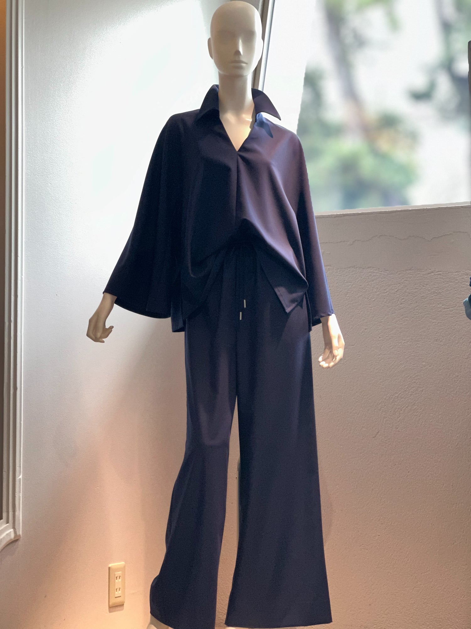 【コーデセット】スキッパーシャツ×ポリレーヨンワイドパンツ(ネイビー)