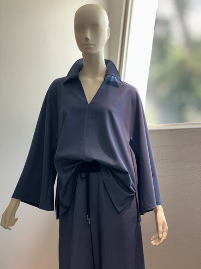 【コーデセット】スキッパーシャツ×ポリレーヨンワイドパンツ(インディゴ)