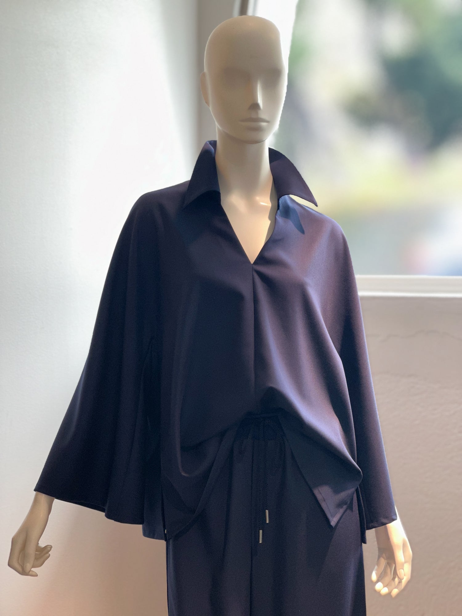 【コーデセット】スキッパーシャツ×ポリレーヨンワイドパンツ(ネイビー)