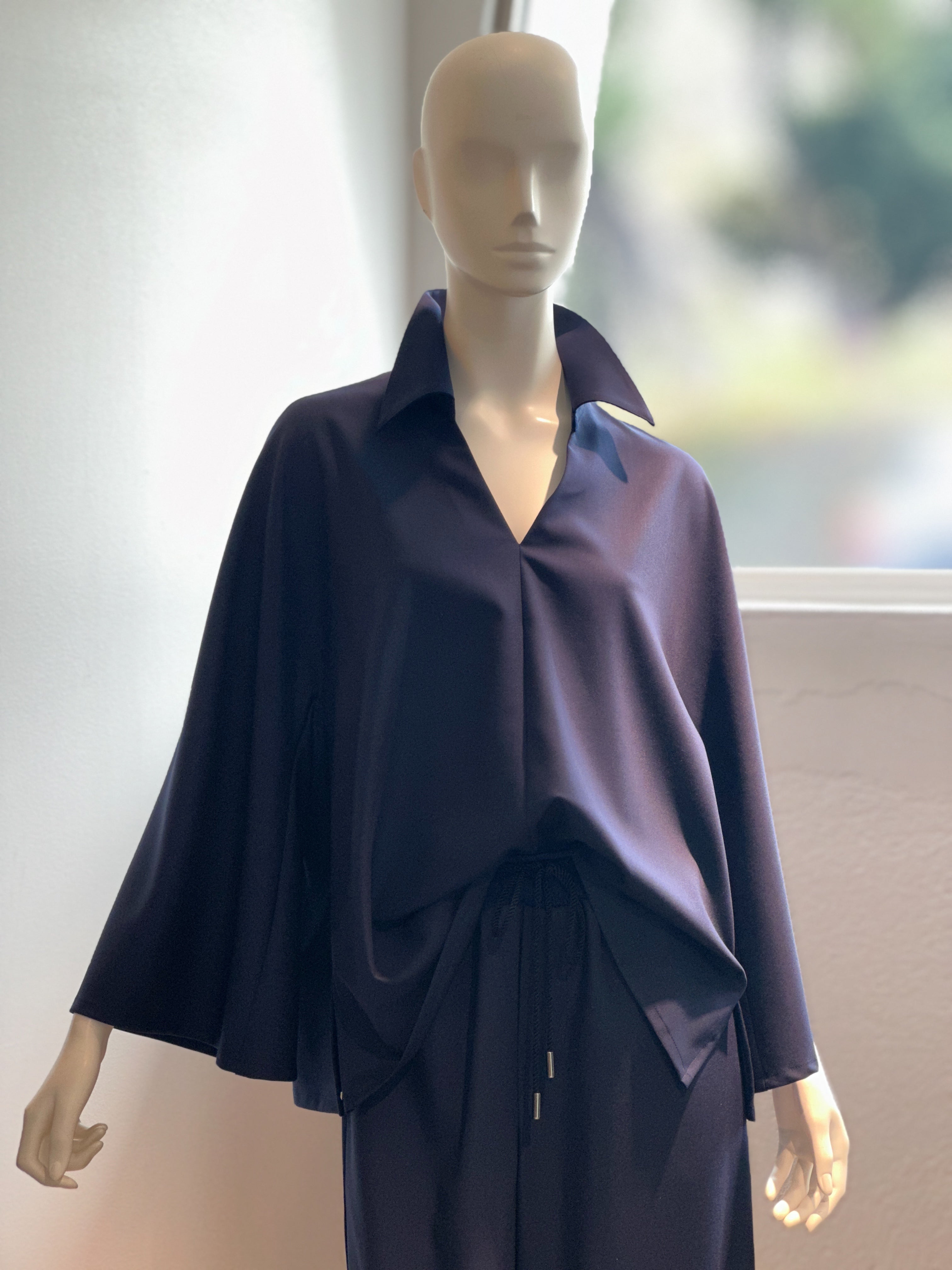【コーデセット】スキッパーシャツ×ポリレーヨンワイドパンツ(ネイビー)