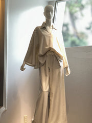 【コーデセット】スキッパーシャツ×ポリレーヨンワイドパンツ(クリーム)