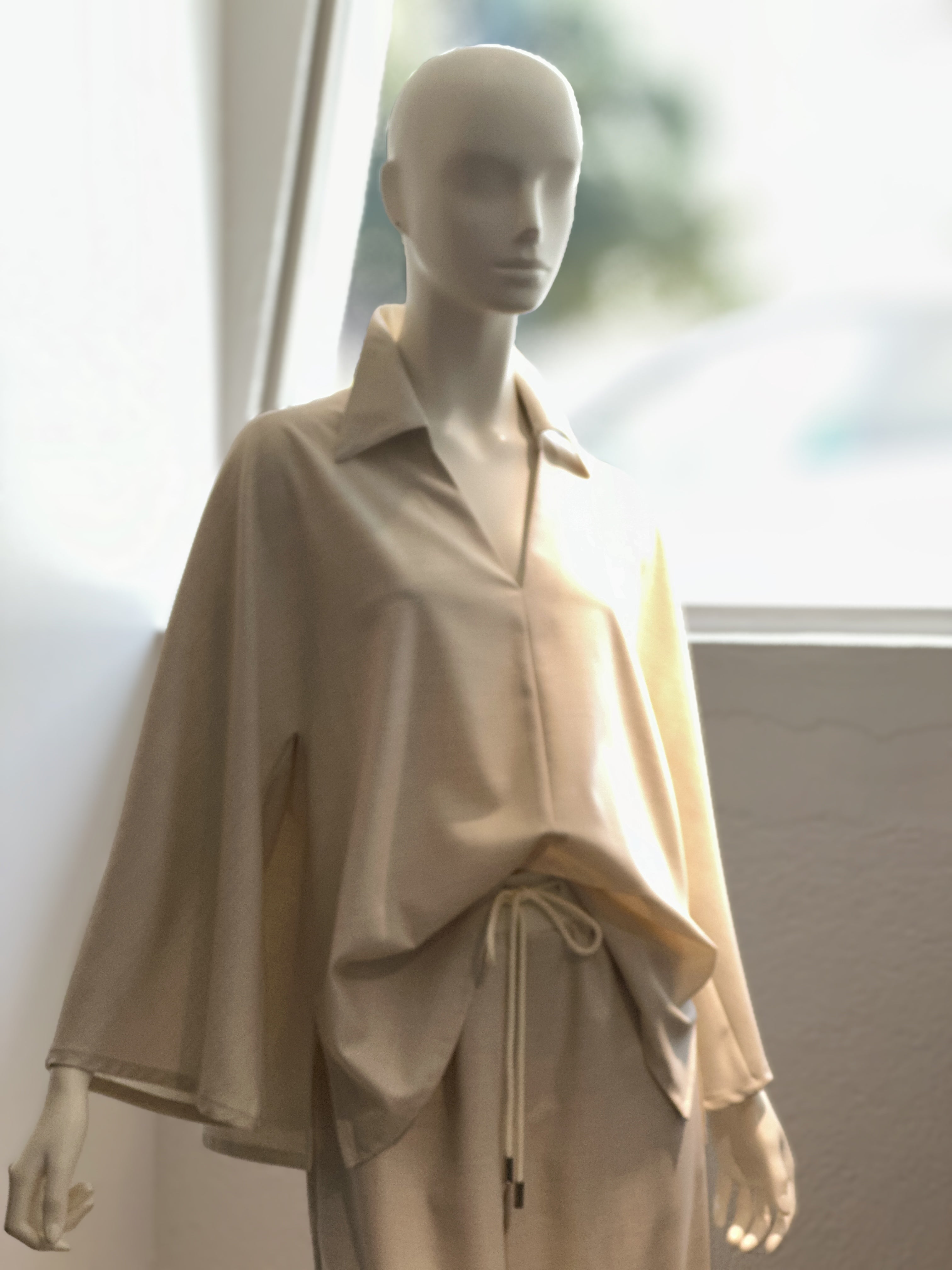 【コーデセット】スキッパーシャツ×ポリレーヨンワイドパンツ(クリーム)