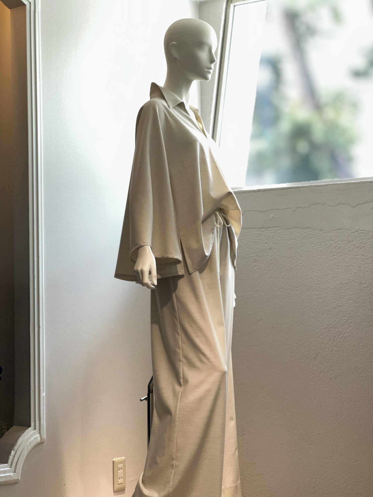 【コーデセット】スキッパーシャツ×ポリレーヨンワイドパンツ(クリーム)