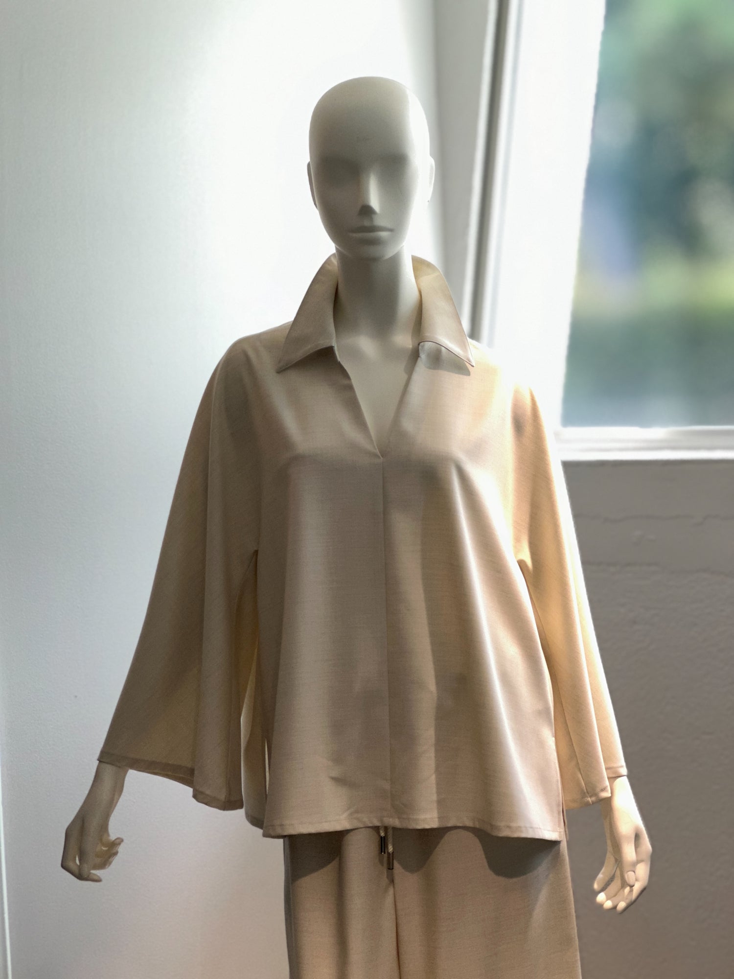 【コーデセット】スキッパーシャツ×ポリレーヨンワイドパンツ(クリーム)