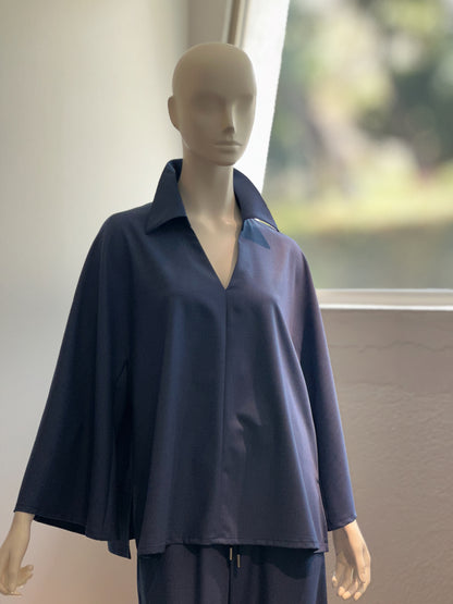 【コーデセット】スキッパーシャツ×ポリレーヨンワイドパンツ(インディゴ)