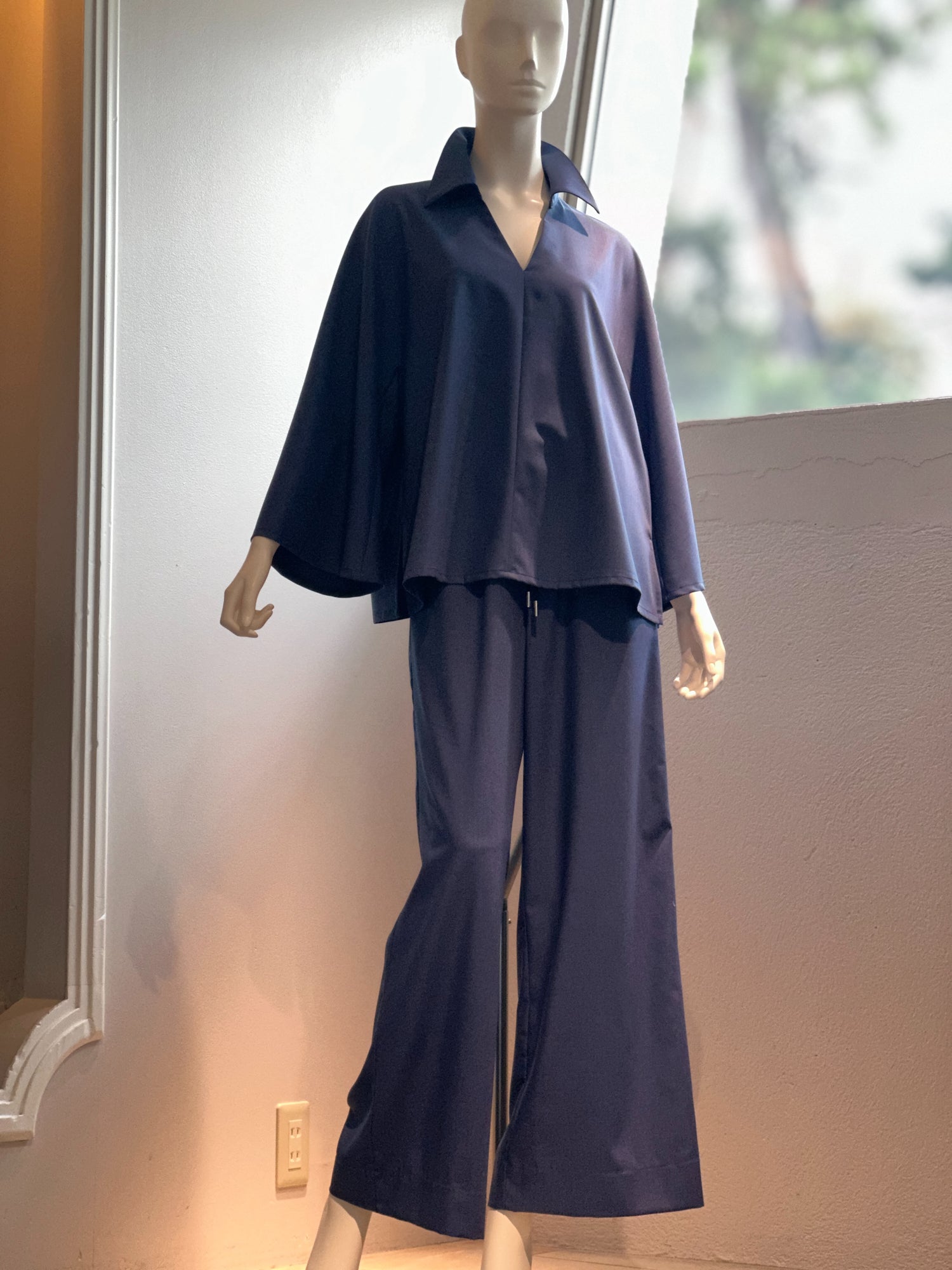 【コーデセット】スキッパーシャツ×ポリレーヨンワイドパンツ(インディゴ)