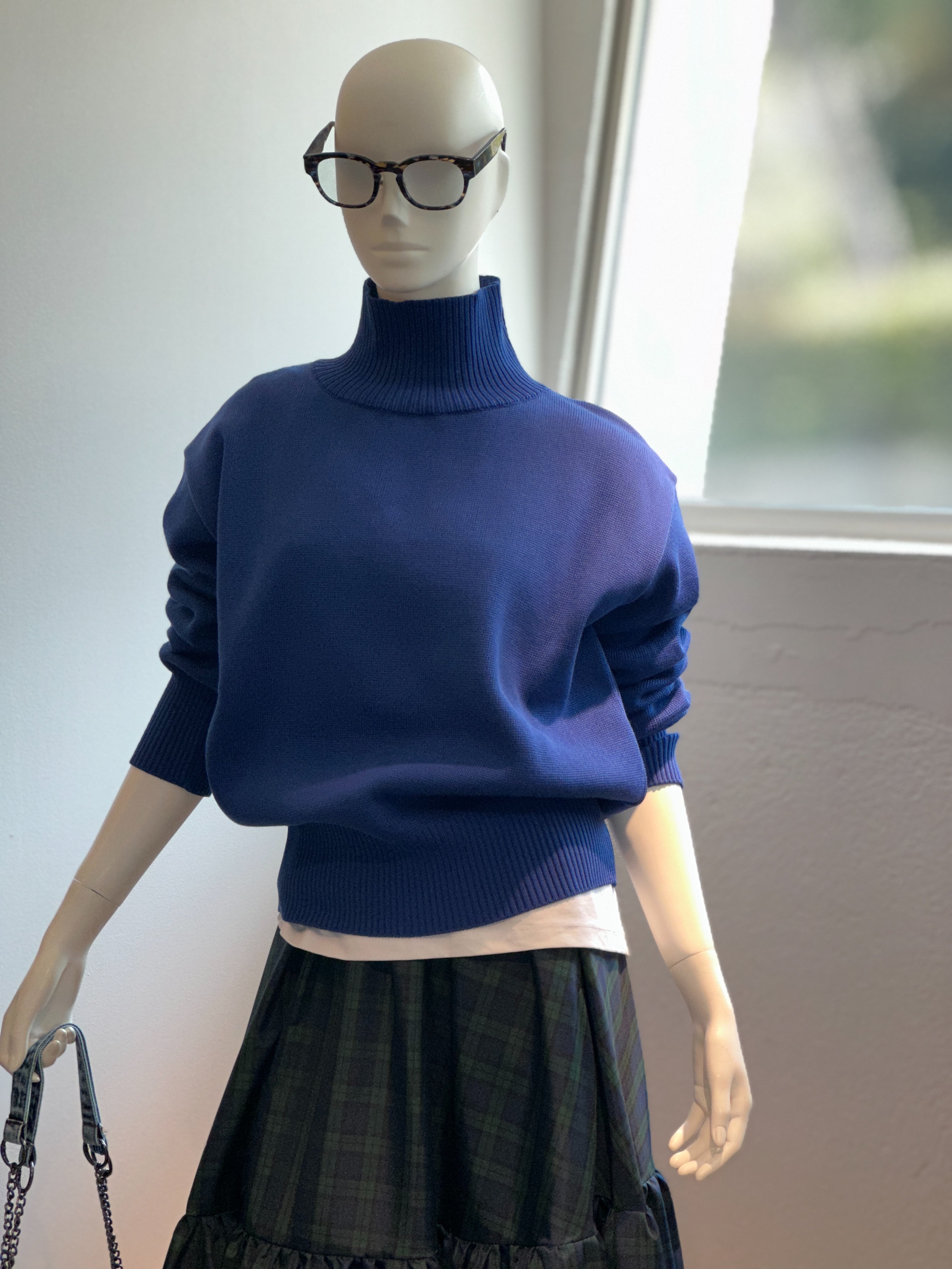 【コーデセット】ハイネックザックリニット(ロイヤルブルー)×サイドスナップカットソー×チェックティアードスカート(グリーン×ネイビー)
