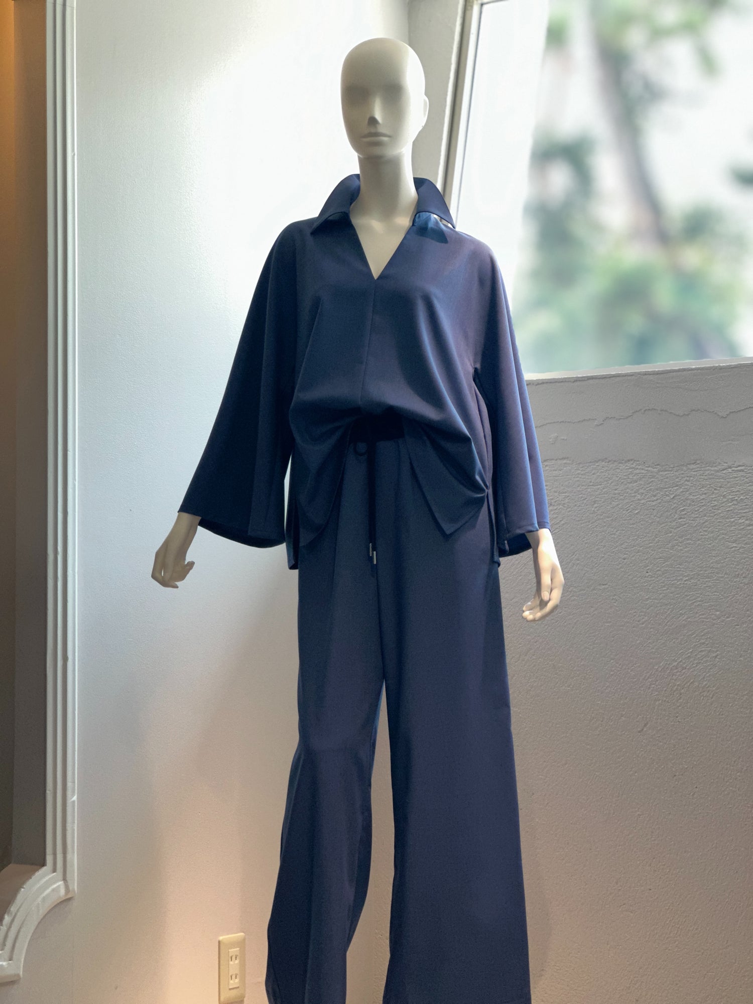 【コーデセット】スキッパーシャツ×ポリレーヨンワイドパンツ(インディゴ)