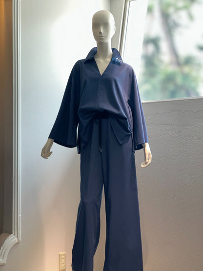 【コーデセット】スキッパーシャツ×ポリレーヨンワイドパンツ(インディゴ)