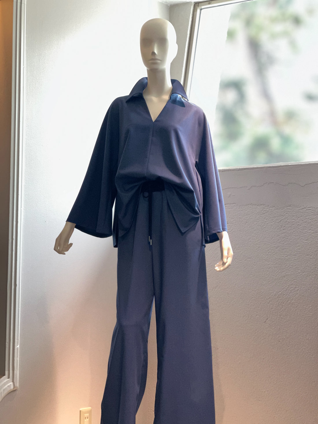 【コーデセット】スキッパーシャツ×ポリレーヨンワイドパンツ(インディゴ)