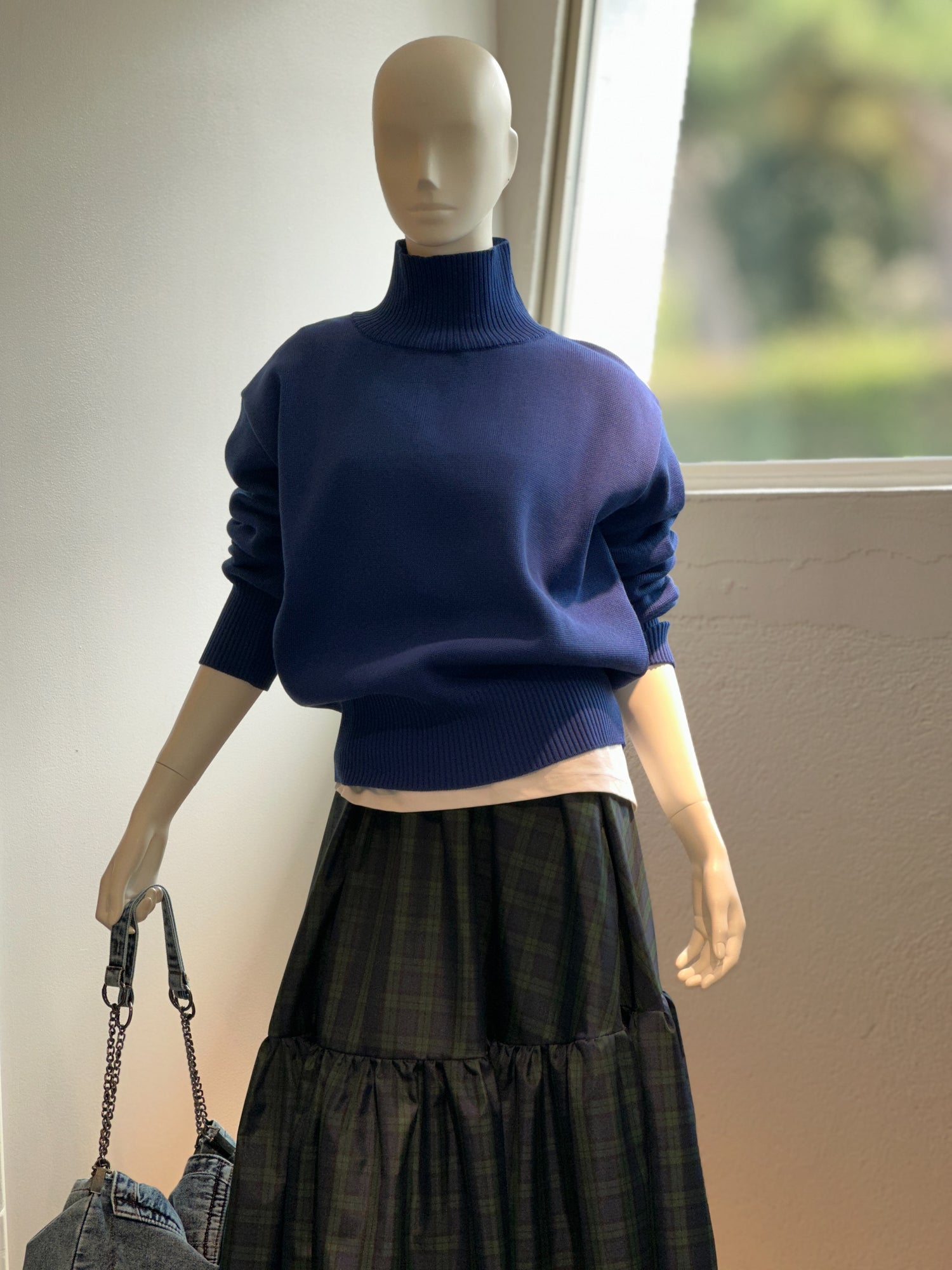 【コーデセット】ハイネックザックリニット(ロイヤルブルー)×サイドスナップカットソー×チェックティアードスカート(グリーン×ネイビー)