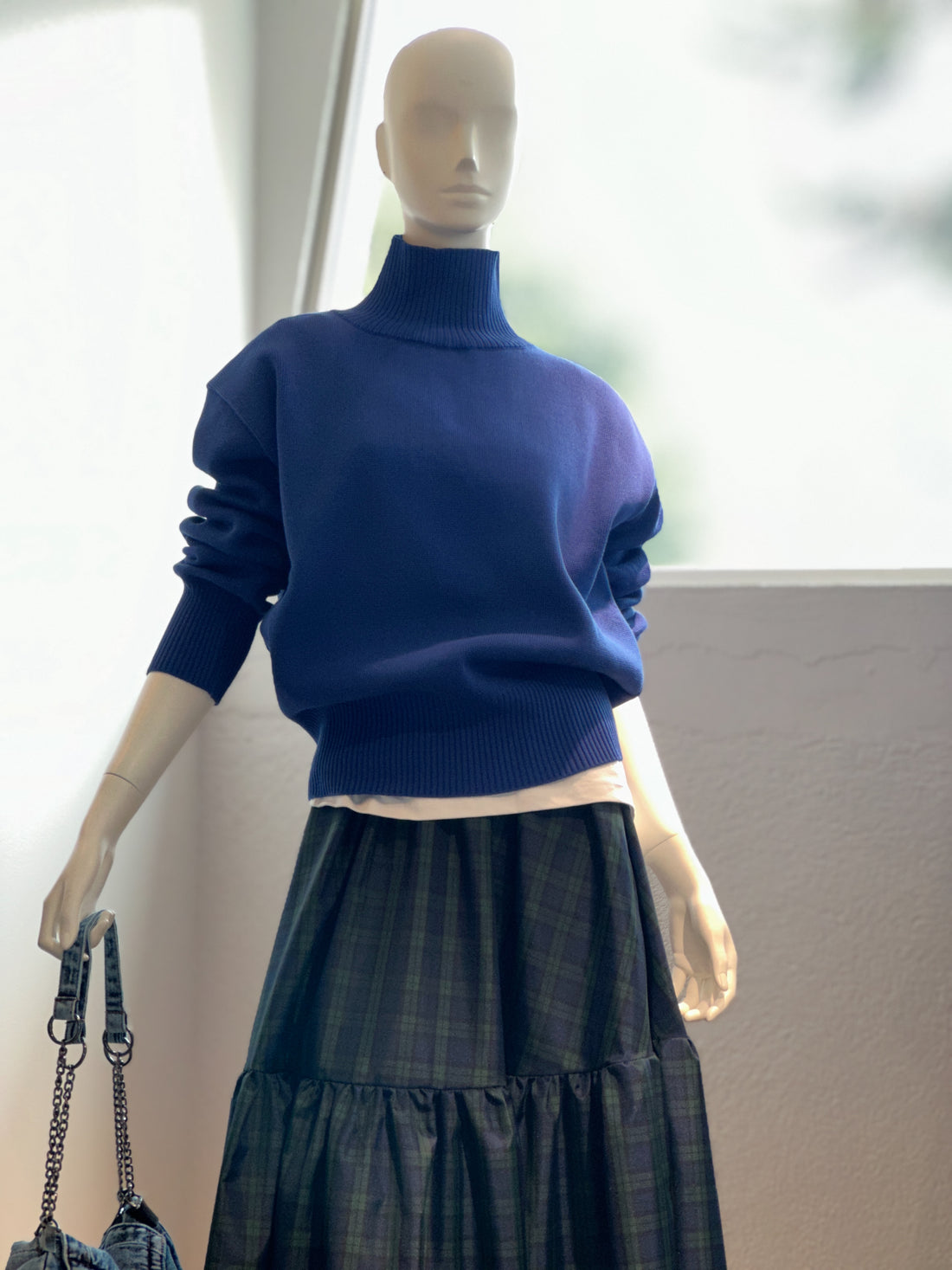 【コーデセット】ハイネックザックリニット(ロイヤルブルー)×サイドスナップカットソー×チェックティアードスカート(グリーン×ネイビー)