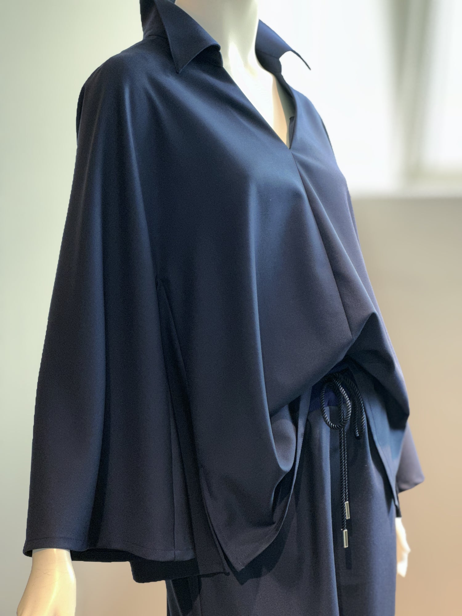 【コーデセット】スキッパーシャツ×ポリレーヨンワイドパンツ(ネイビー)
