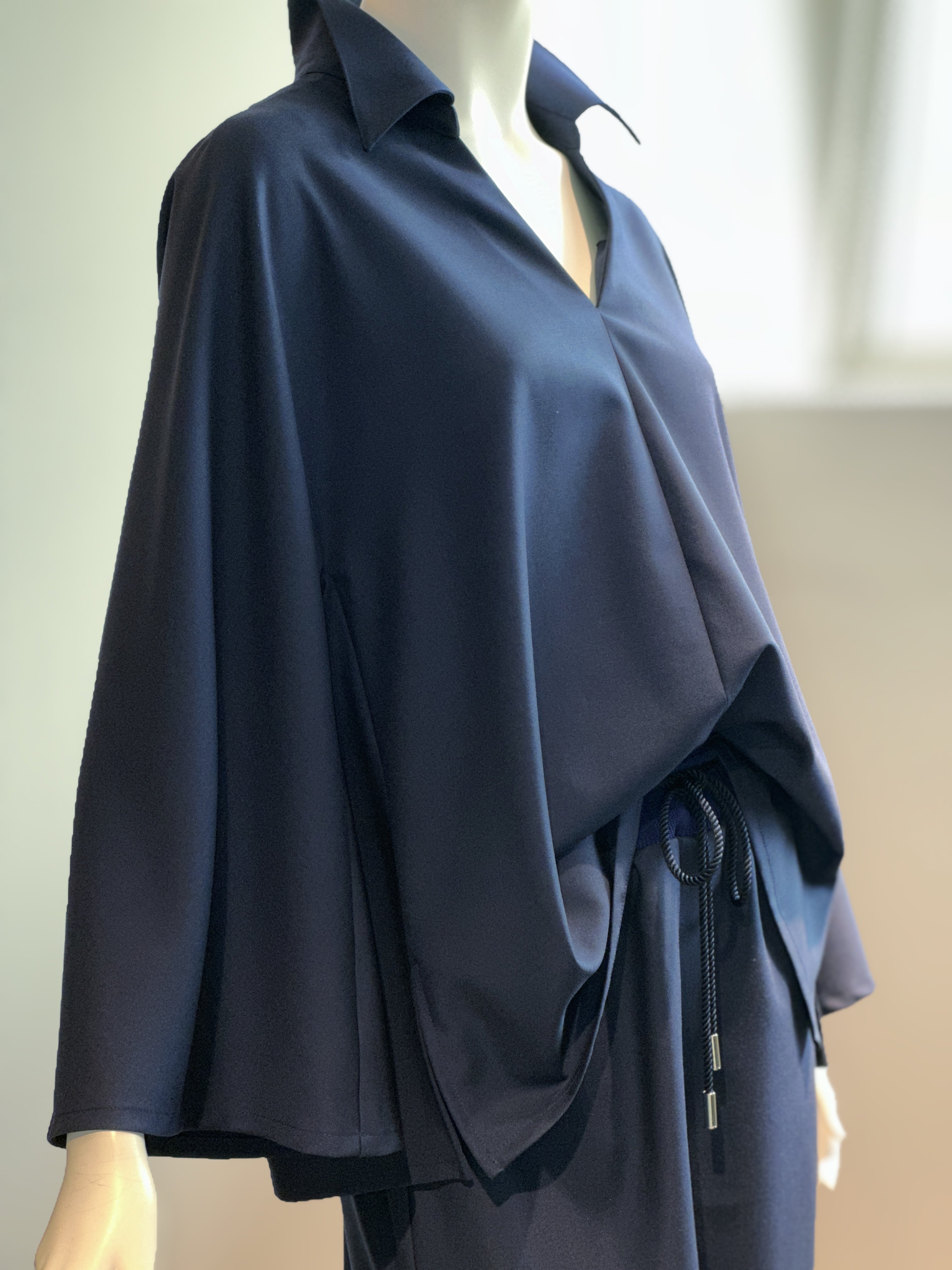 【コーデセット】スキッパーシャツ×ポリレーヨンワイドパンツ(ネイビー)