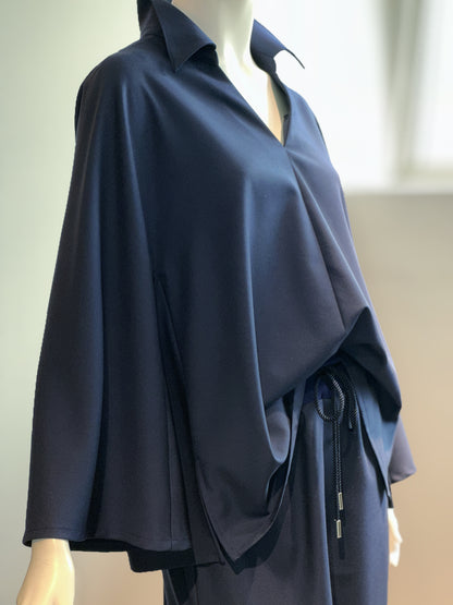 【コーデセット】スキッパーシャツ×ポリレーヨンワイドパンツ(ネイビー)