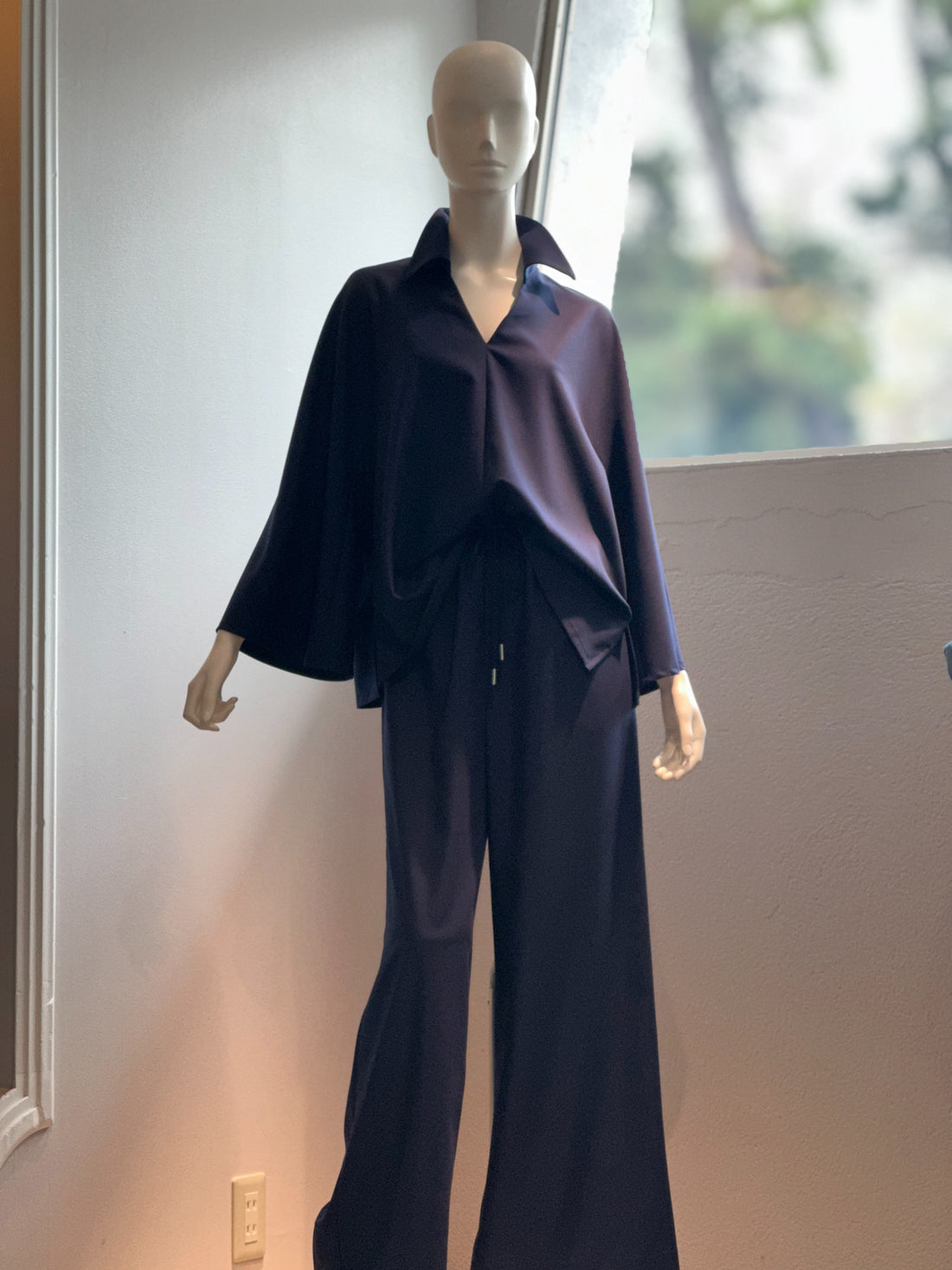 【コーデセット】スキッパーシャツ×ポリレーヨンワイドパンツ(ネイビー)