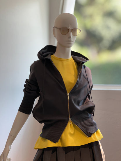 【コーデセット】フィットテックパーカー (グレー)×クルーネックAラインニット(イエロー)×ボックスフレアスカート(グレー)