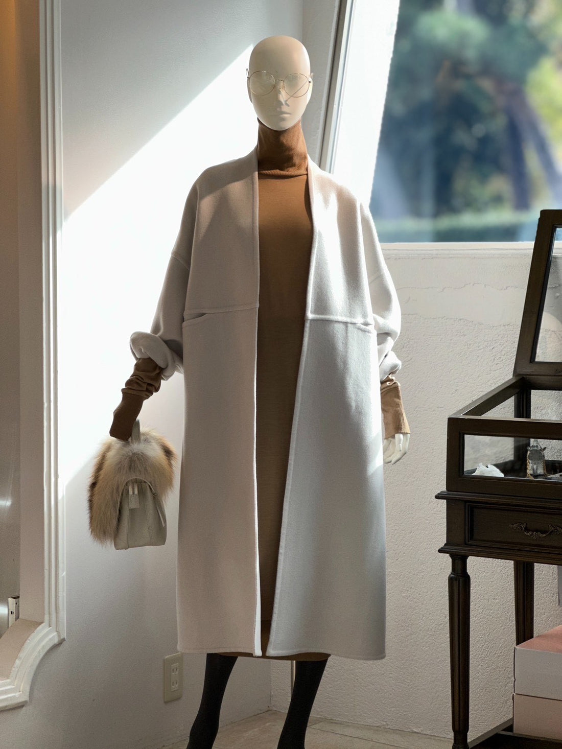 ノーカラーウールカシミヤコート(アイボリー)