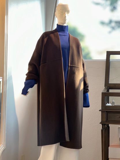 ノーカラーウールカシミヤコート(ダークブラウン)