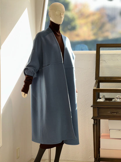 ノーカラーウールカシミヤコート(ブルー)