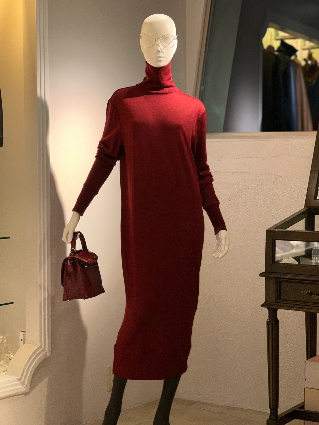 ニットカットタートルロングワンピース（ボルドー）