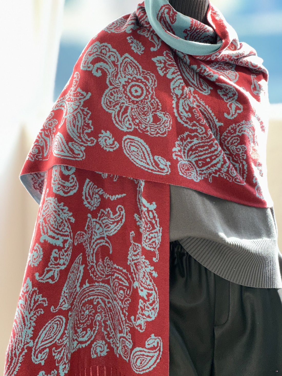 ペイズリーロングストール（ボルドー×ミント）