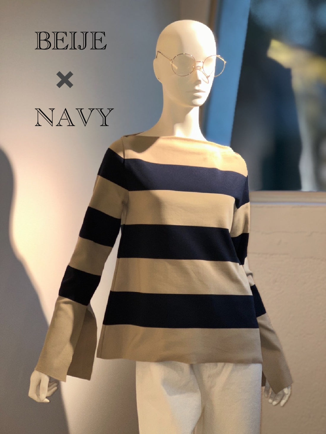 フィットテックボートネックニット（BEIGE×NAVY）